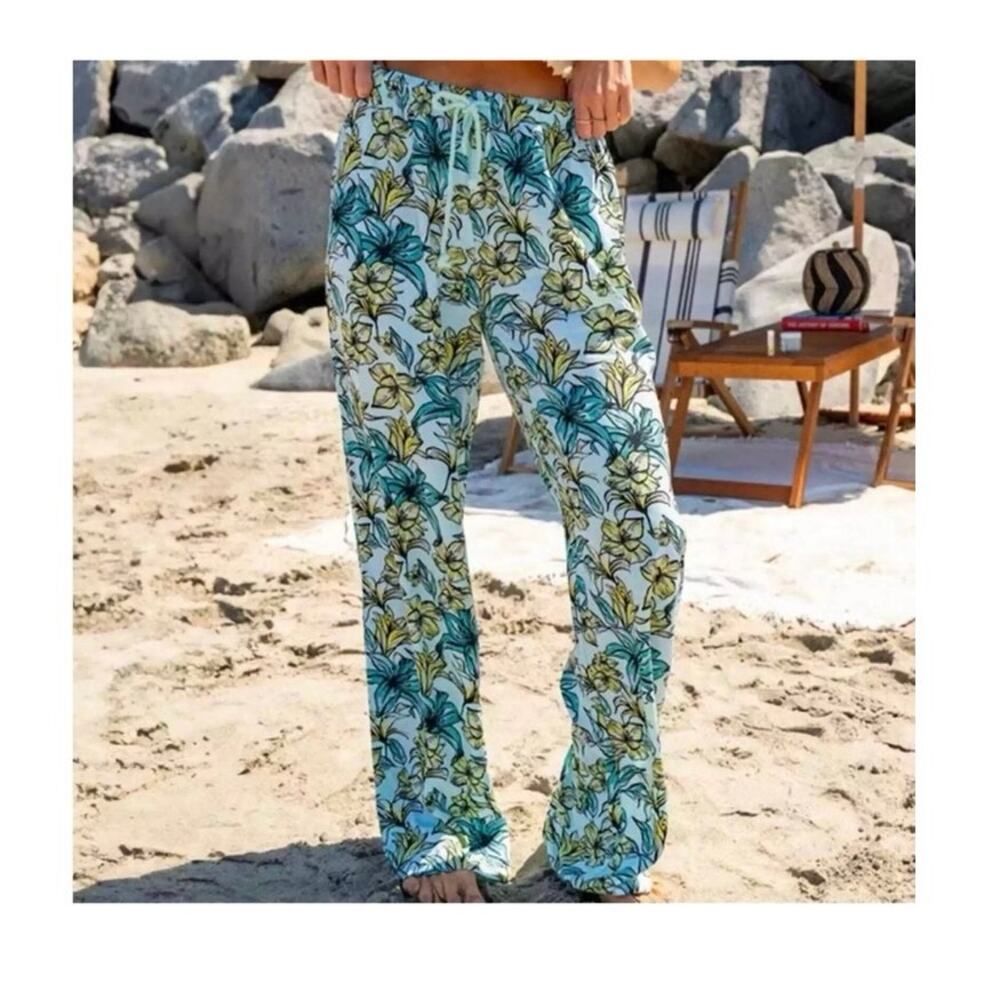BEACH RIOT Size L Blue Lagoon pull on lounge Wide Leg Pants Swim Beach Revolve